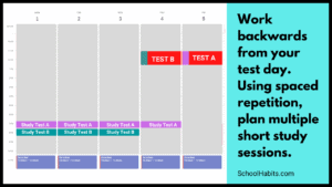 A schedule with text: work backwards from your test day. using spaced repetition, plan multiple short study sessions.