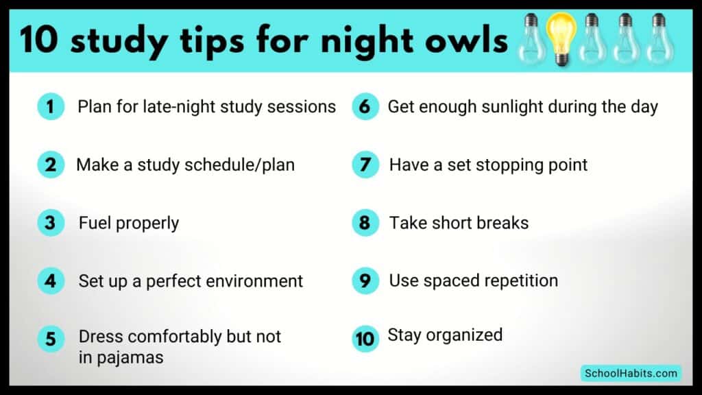 list of 10 study tips for night owls infographic